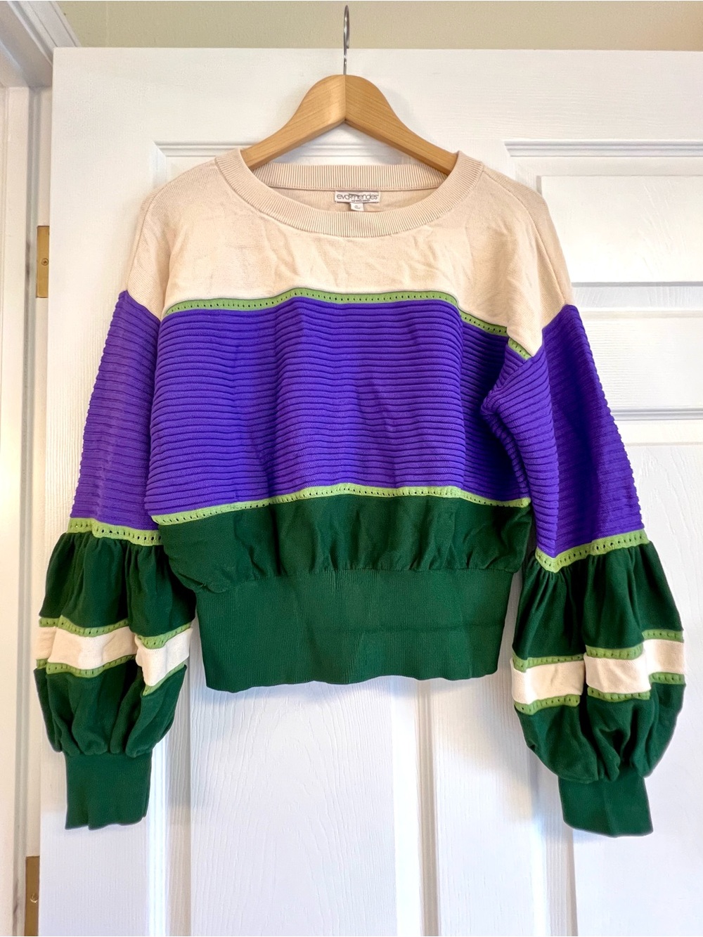 Colorblock Ribbed Pullover Sweater in Cream, Purple & Green